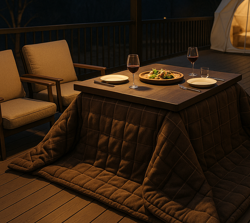 記事サムネイル: 冬でも暖かい！THE Wに“テラスこたつ”が登場｜グランピングを快適に楽しめる冬対策